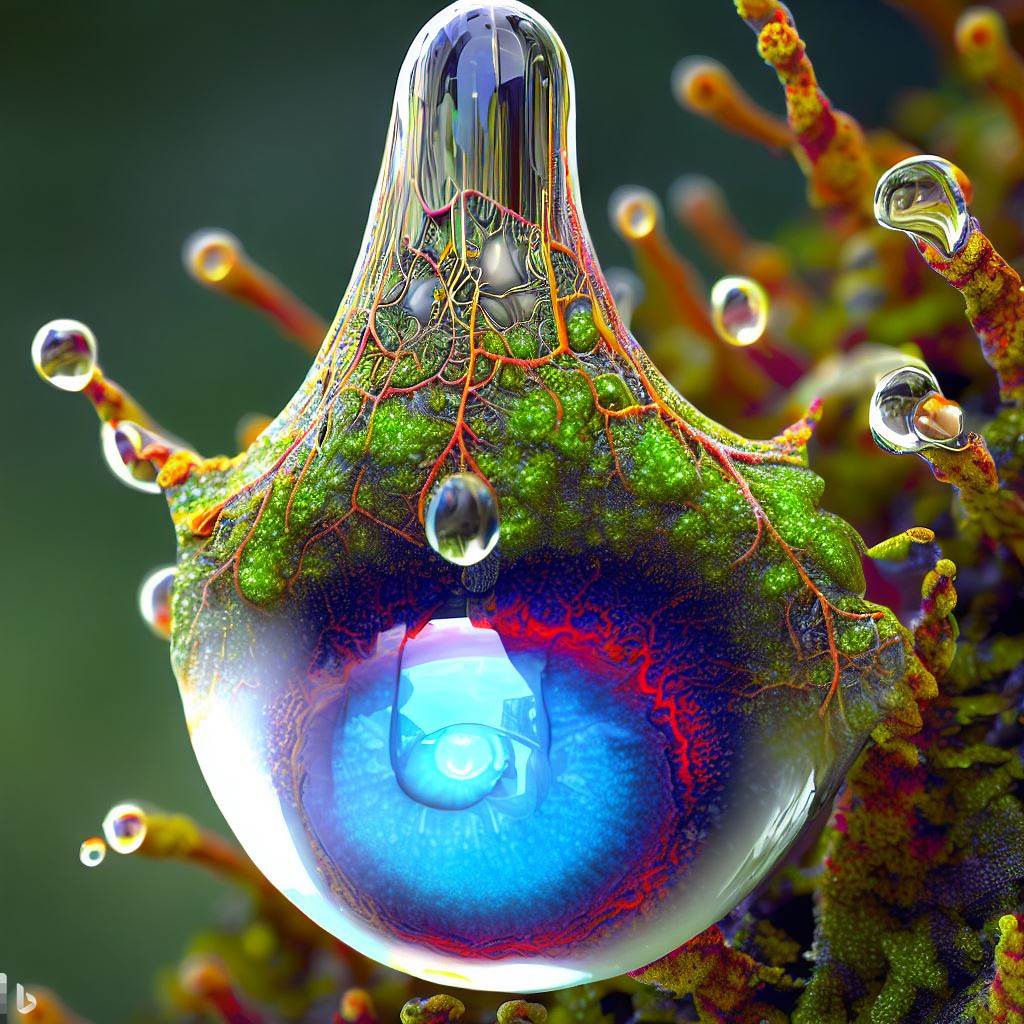 24- 3D hyper-detailed joyfully bursting spattering raindrop with lichen nano-circuitry woven into iris-stroma eye-pupil at its core, spattering wet rainforest moss synapses, mirroring recursion.jpg